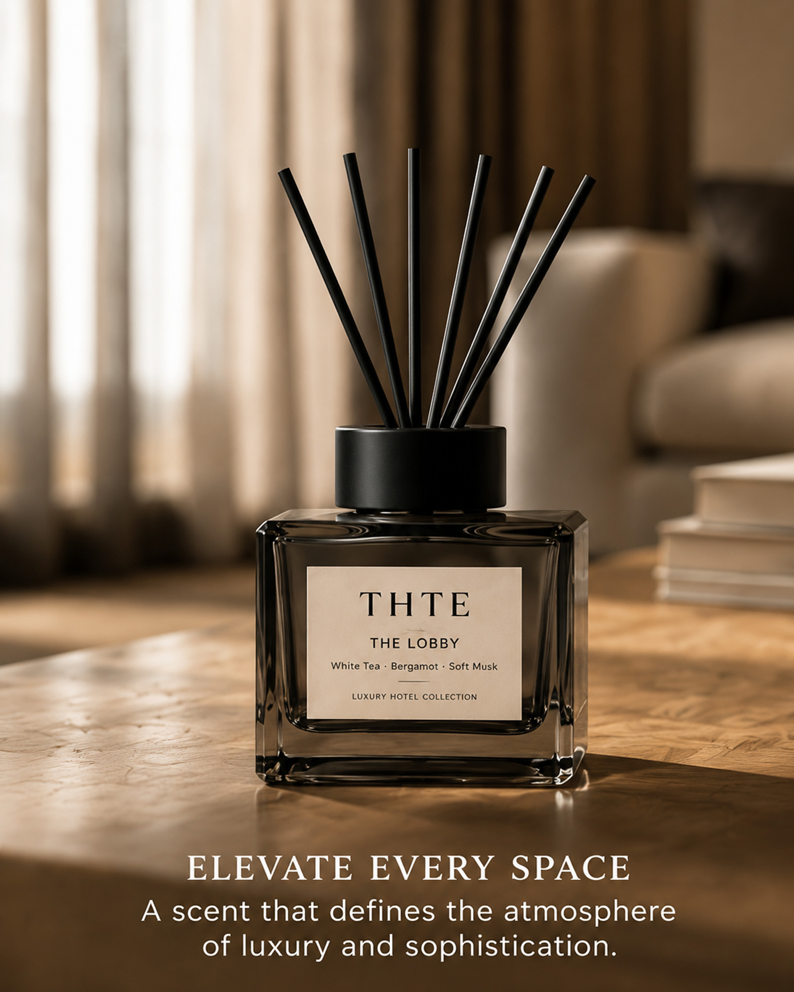 THTE reed diffuser styled in a warm hotel-inspired room